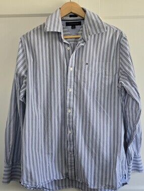 Tommy Hilfiger Blue And White Stripe Mens Medium Long Sleeve Dress Shirt